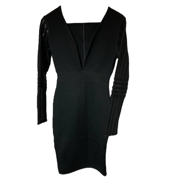 F&P Black Ribbed Dress with Plunging Neckline and Sheer Ribbed Sleeves - Picture 1 of 10